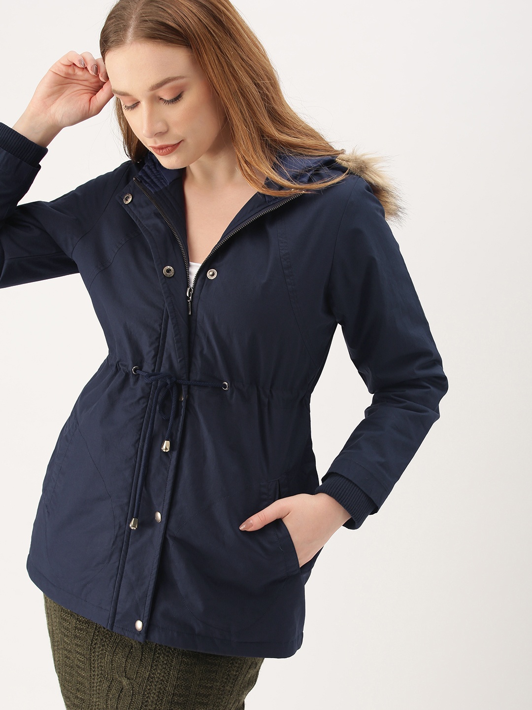 

DressBerry Women Navy Blue Solid Hooded Parka Jacket