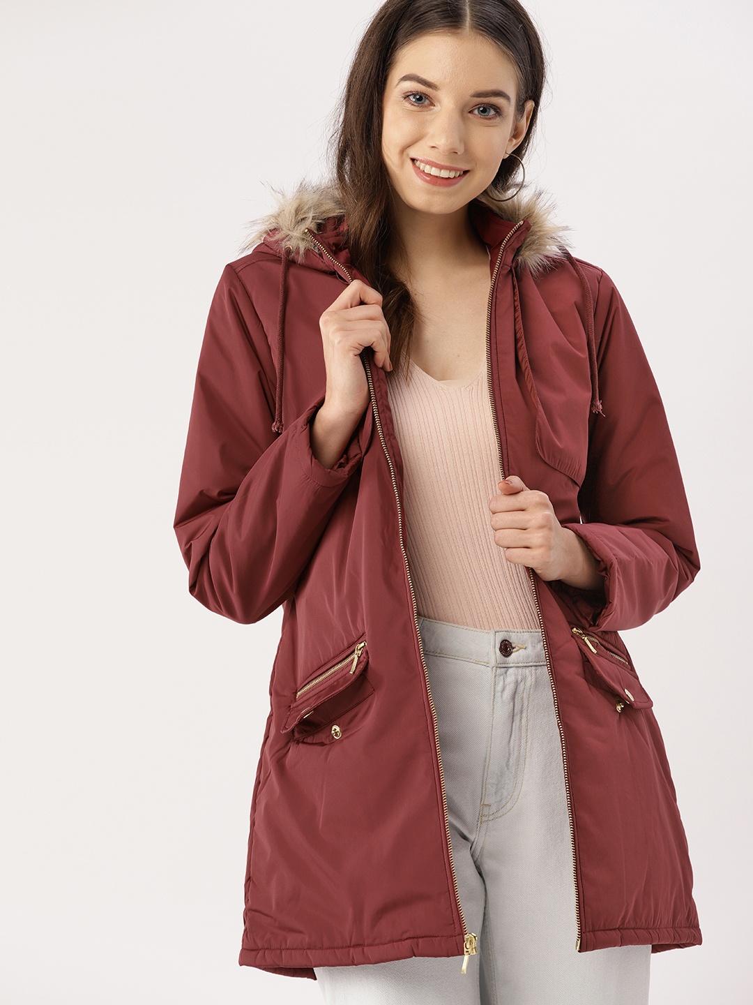 

DressBerry Women Maroon Solid Hooded Parka Jacket