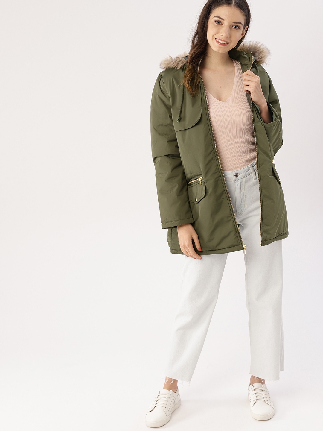 

DressBerry Women Olive Green Solid Hooded Parka Jacket