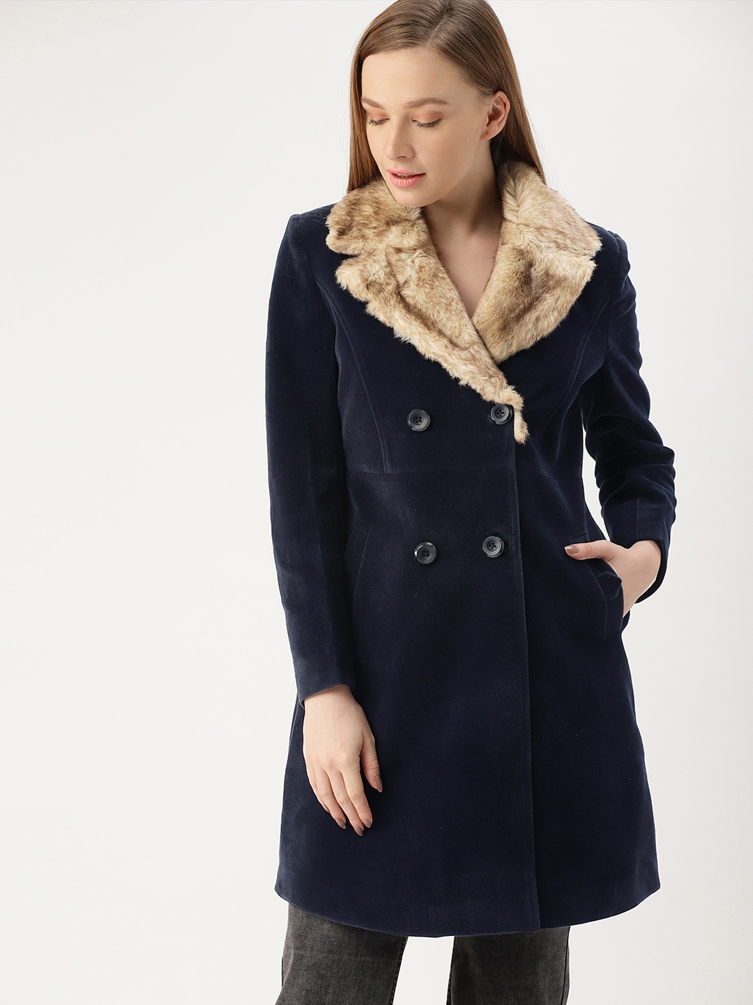 

DressBerry Women Navy Blue Solid Coat