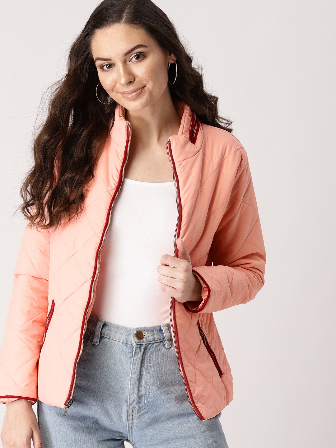 

DressBerry Women Peach-Coloured Solid Quilted Jacket