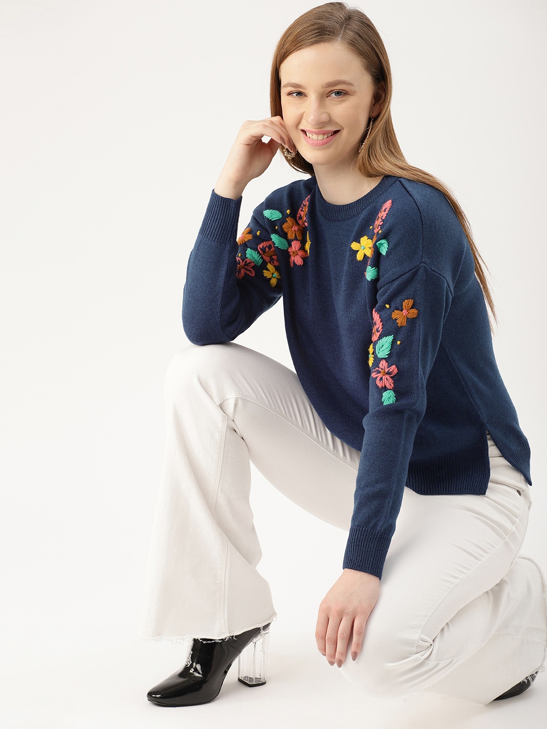

DressBerry Women Navy Blue Embroidered Pullover Sweater