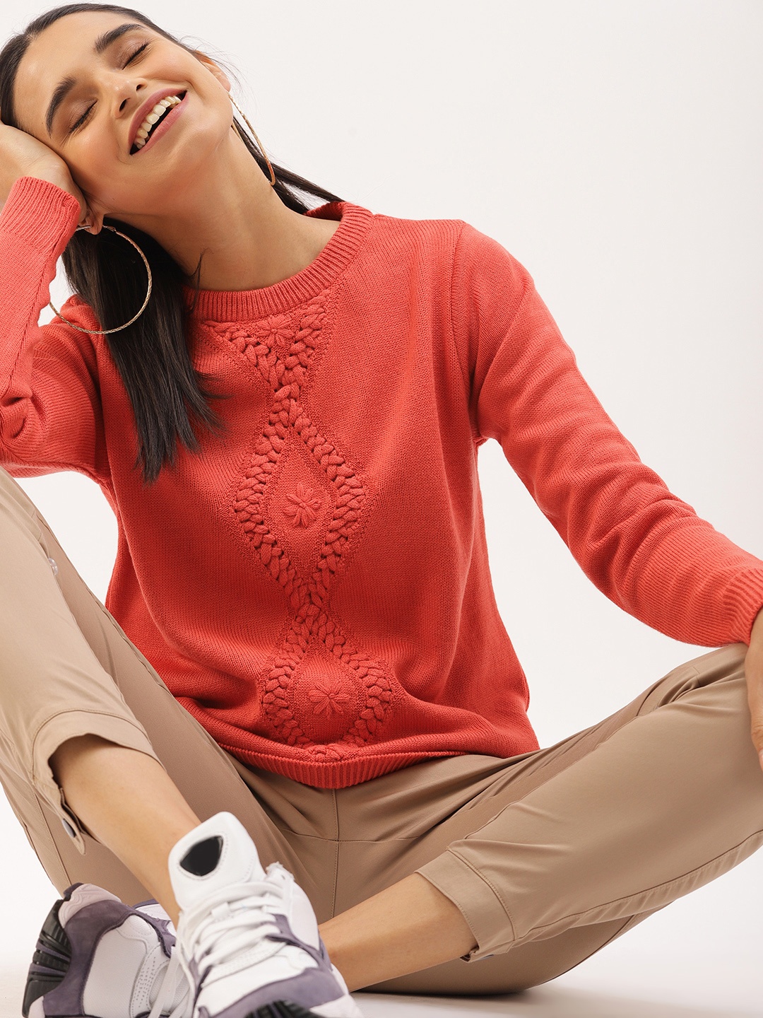 

DressBerry Women Rust Red Self Design Sweater