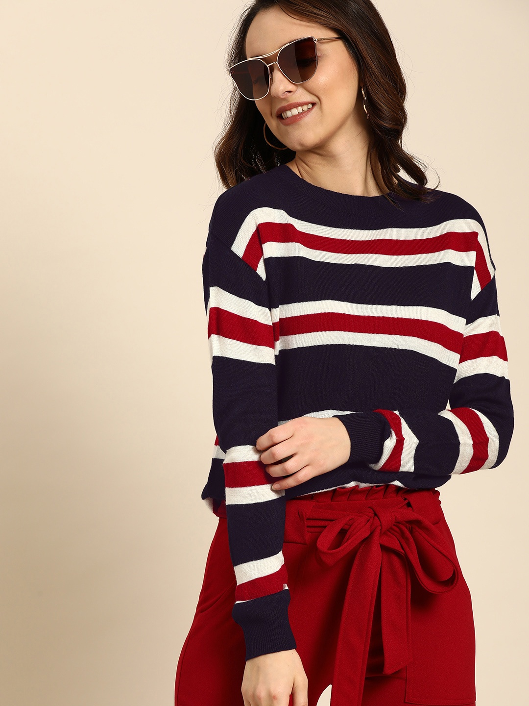 

DressBerry Women Navy Blue & Red Striped Pullover Sweater