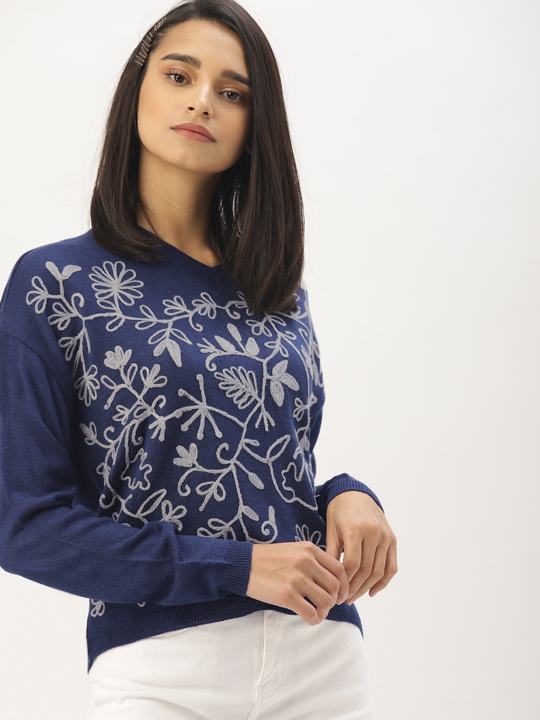 

DressBerry Women Navy & Grey Self-Design Sweater, Navy blue