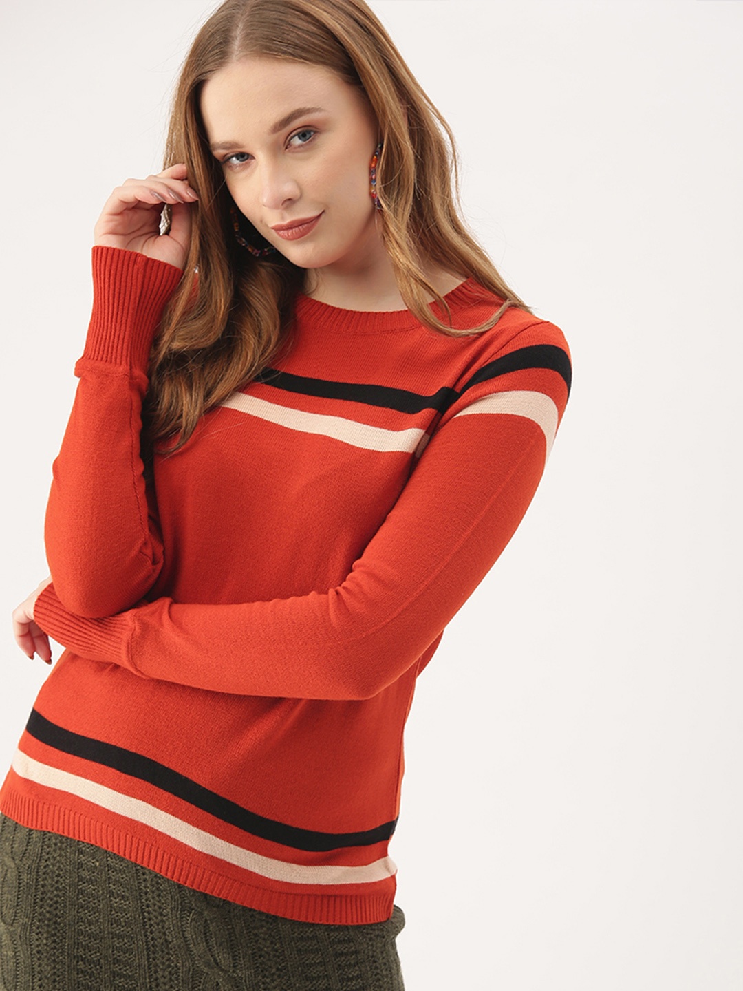 

DressBerry Women Orange & Black Striped Sweater