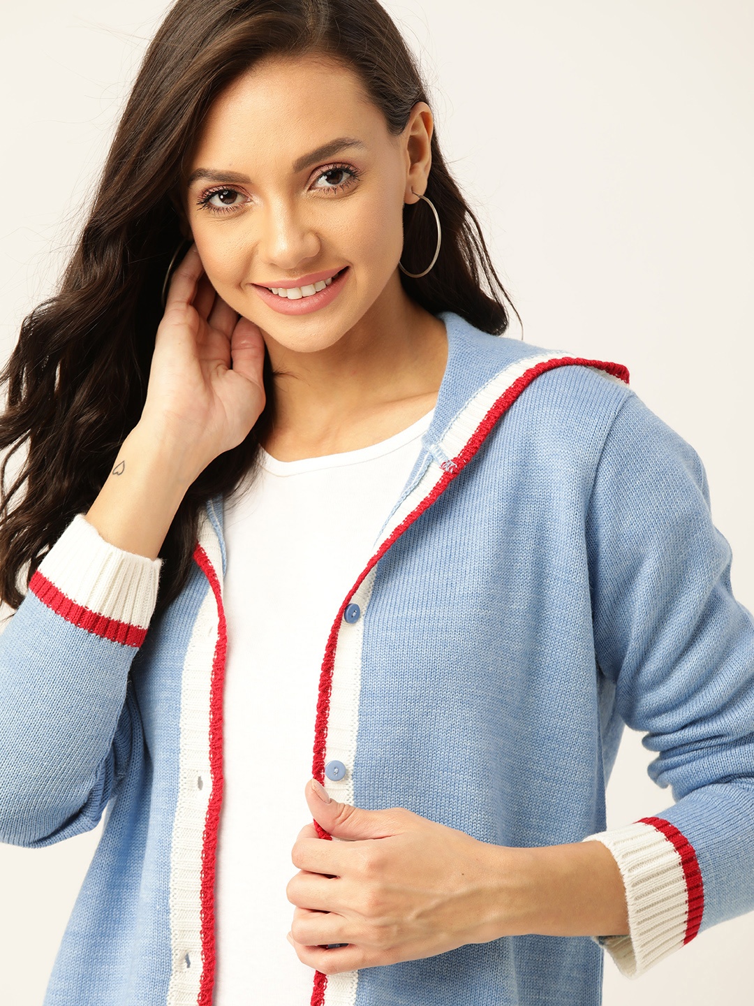 

DressBerry Women Blue Solid Hooded Cardigan Sweater