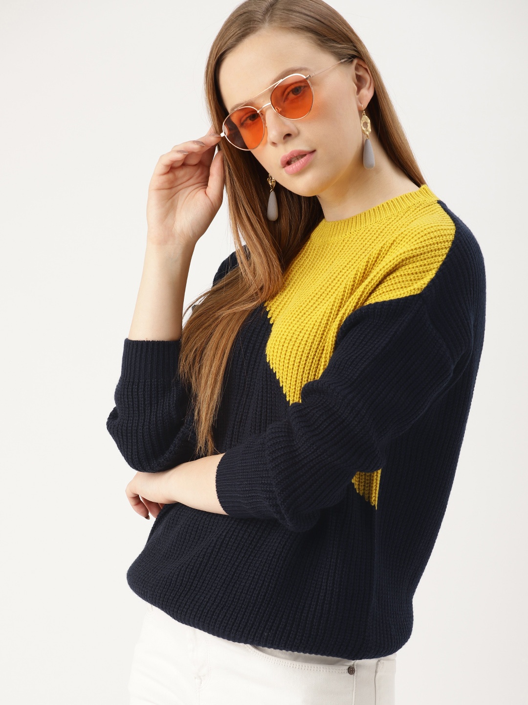

DressBerry Women Navy Blue & Mustard Yellow Colourblocked Pullover Sweater