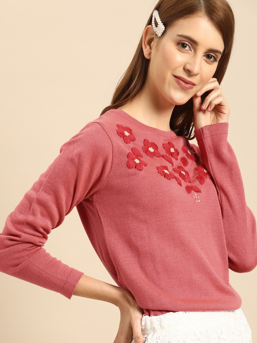 

DressBerry Women Pink Self-Design Sweater