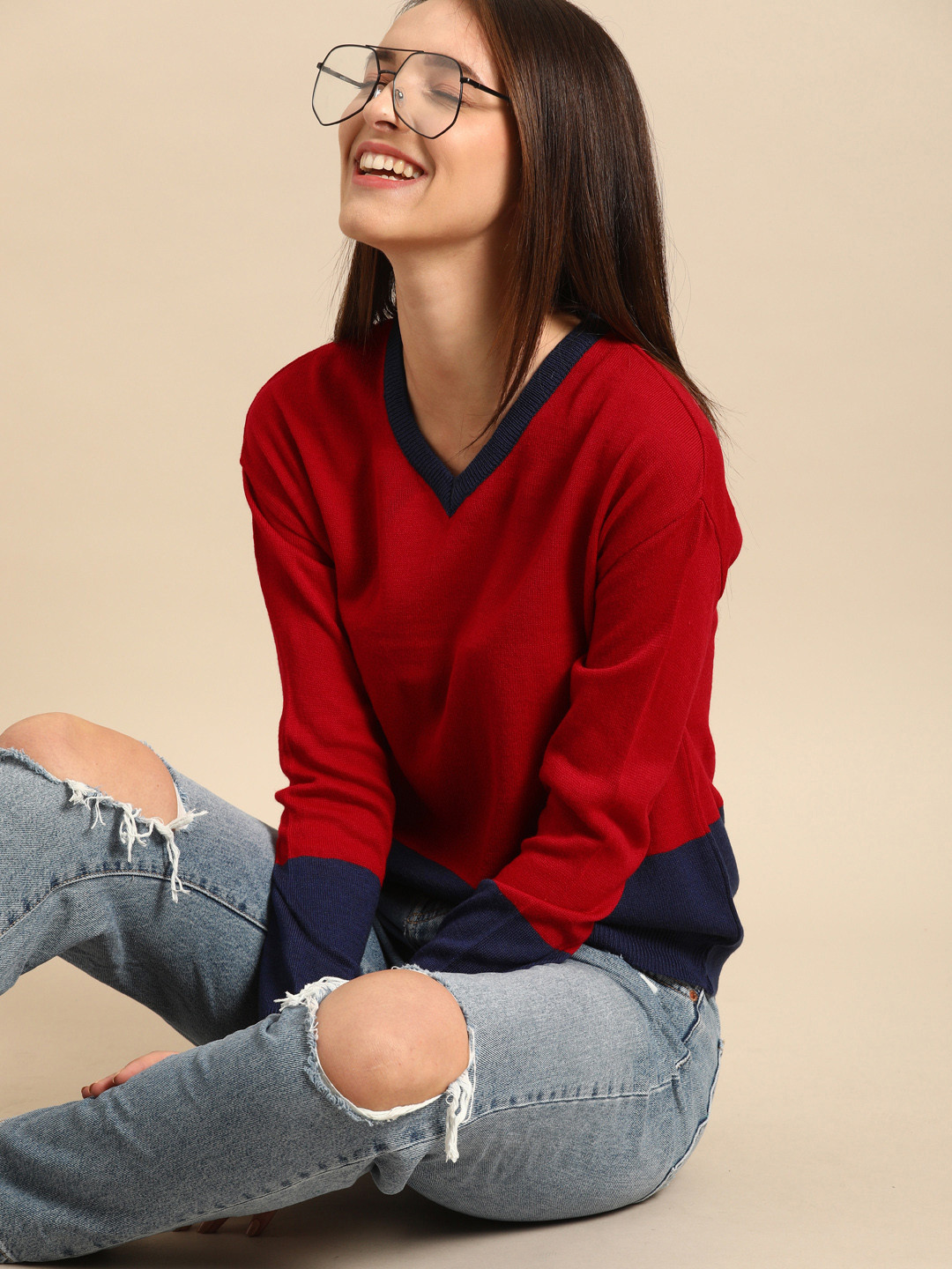 

DressBerry Women Red & Navy Blue Colourblocked Acrylic Sweater