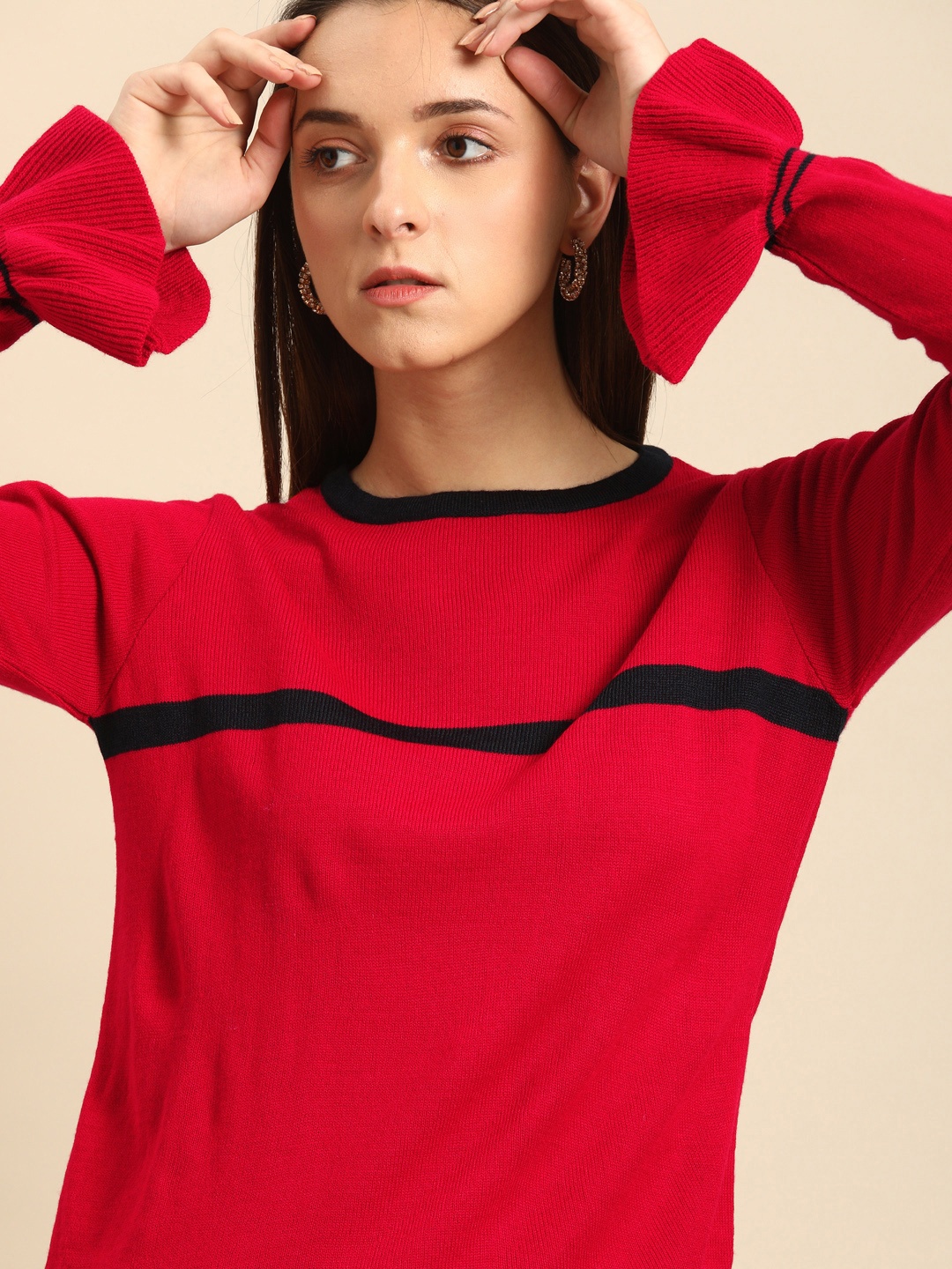 

DressBerry Women Red & Navy Blue Striped Sweater