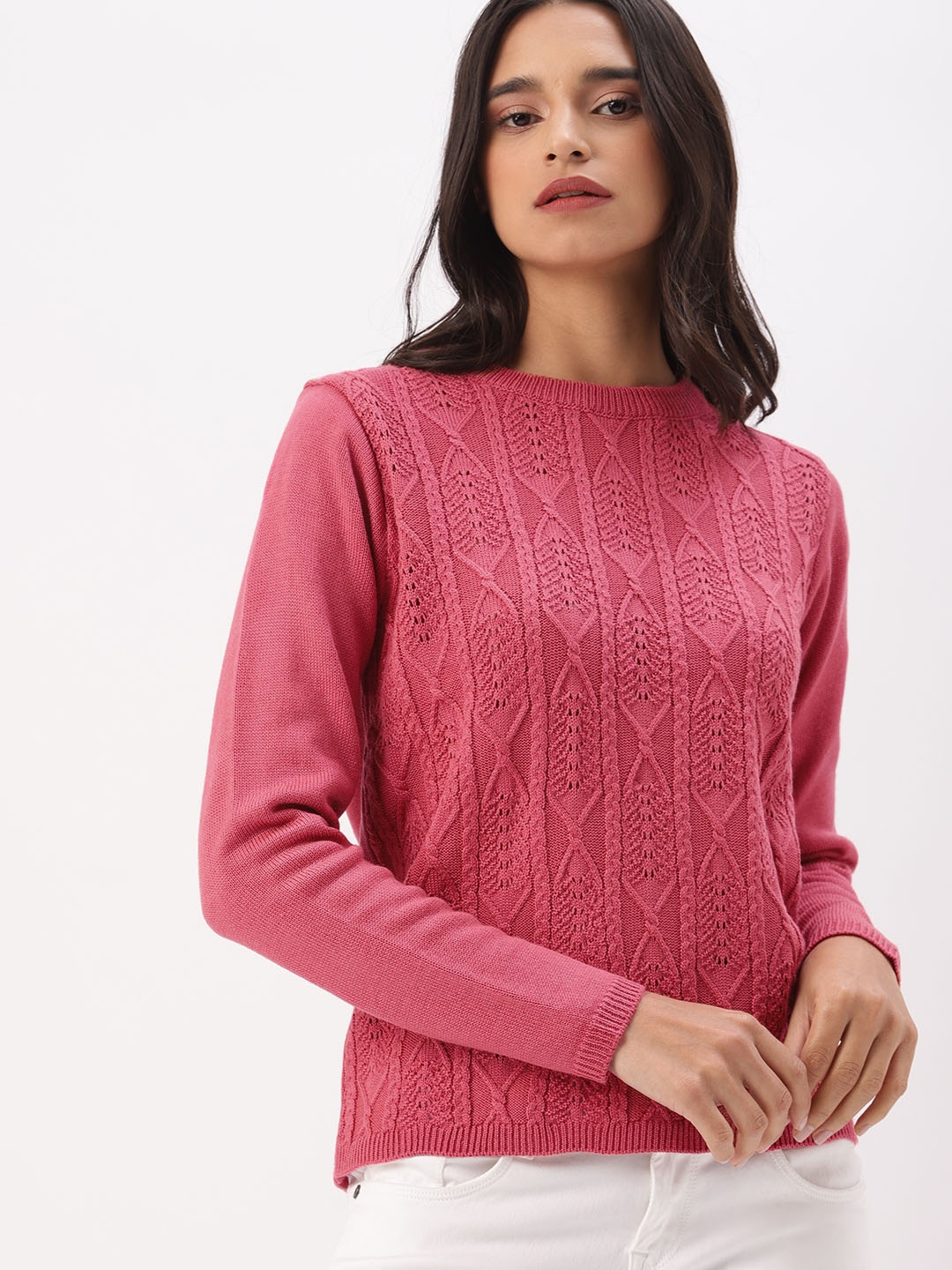 

DressBerry Women Pink Self Design Sweater