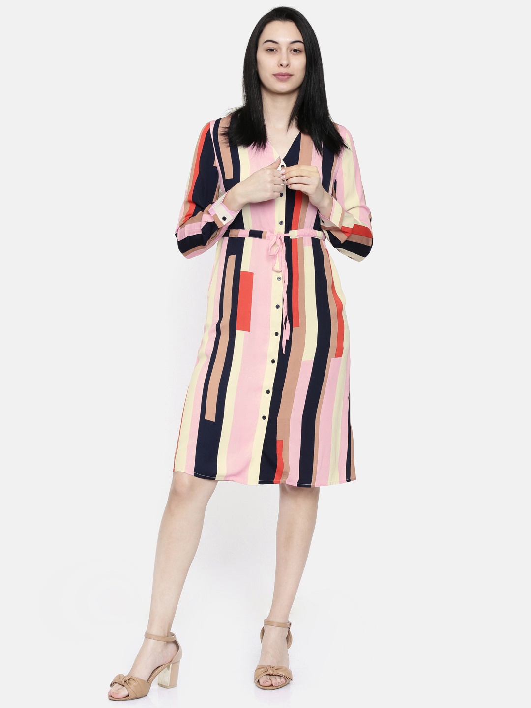 

Vero Moda Pink & Black Striped A-Line Dress