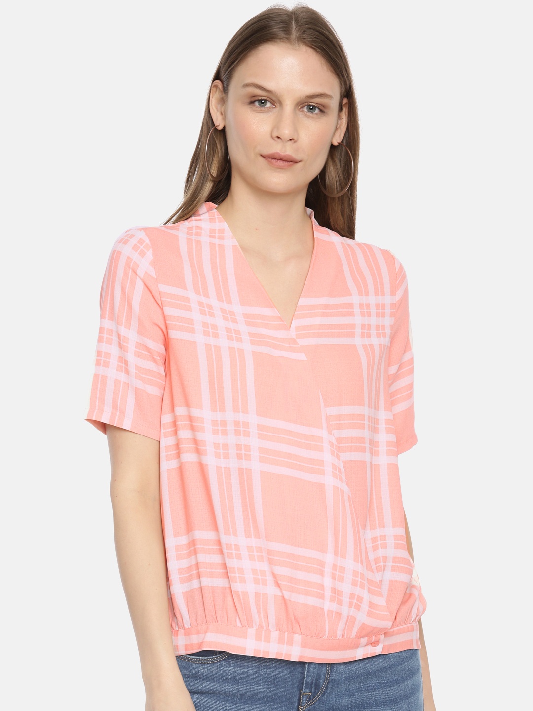 

Vero Moda Women Coral Pink & White Checked Blouson Top
