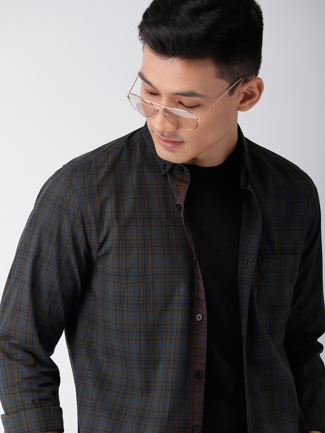 

Harvard Men Olive Green & Blue Regular Fit Checked Casual Shirt