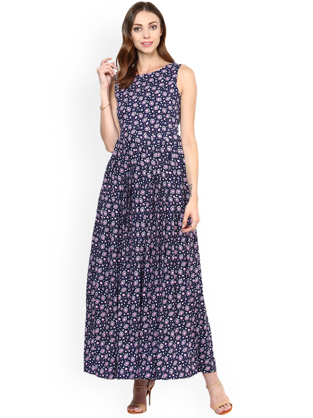 

MBE Women Navy Blue Printed Maxi Dress