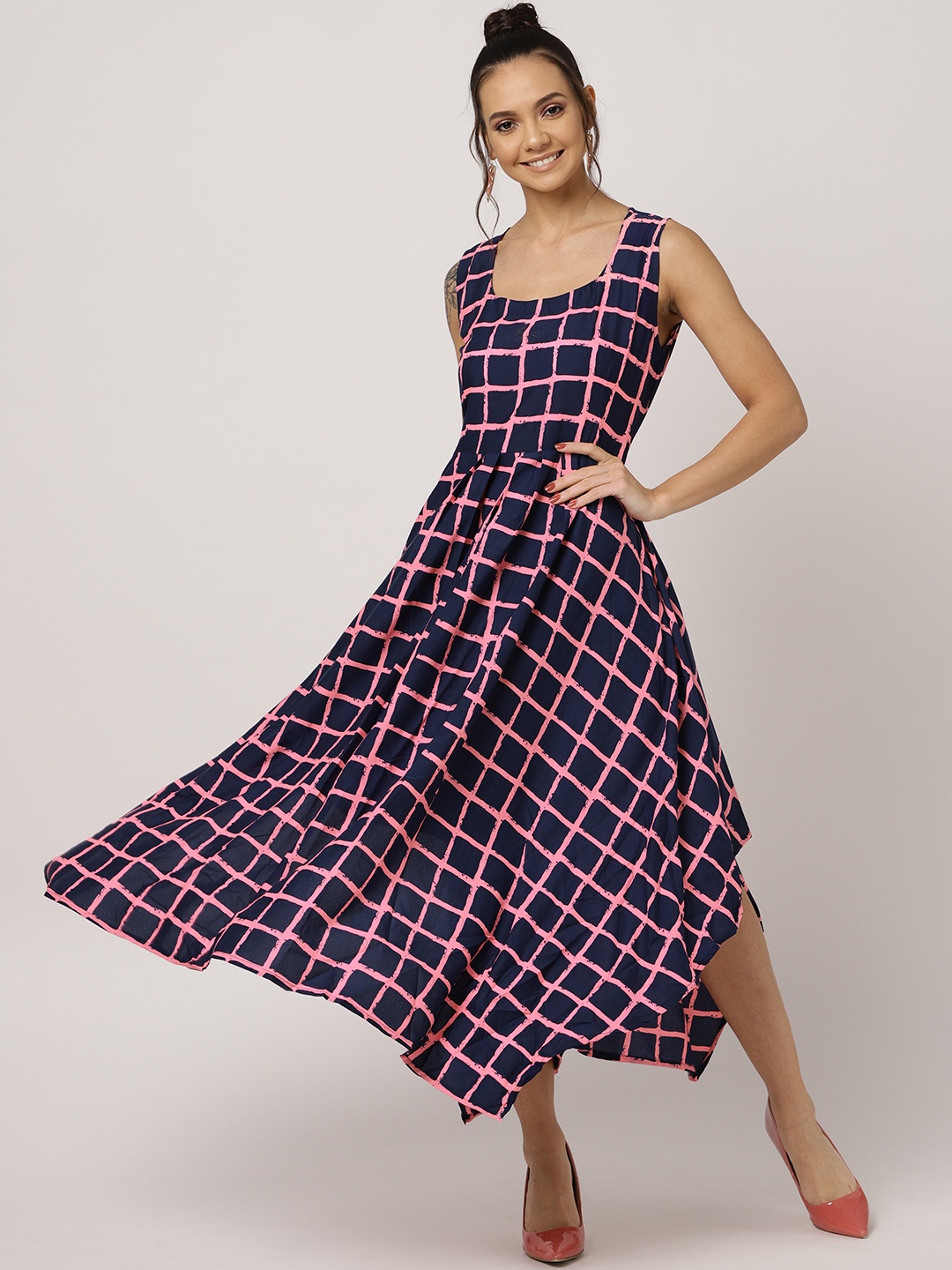 

MBE Women Navy Blue & Pink Checked Maxi Dress