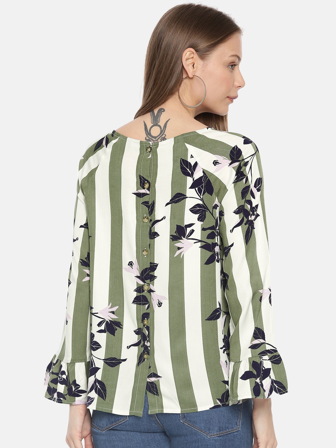 

Vero Moda Women Green & White Printed Styled Back Top