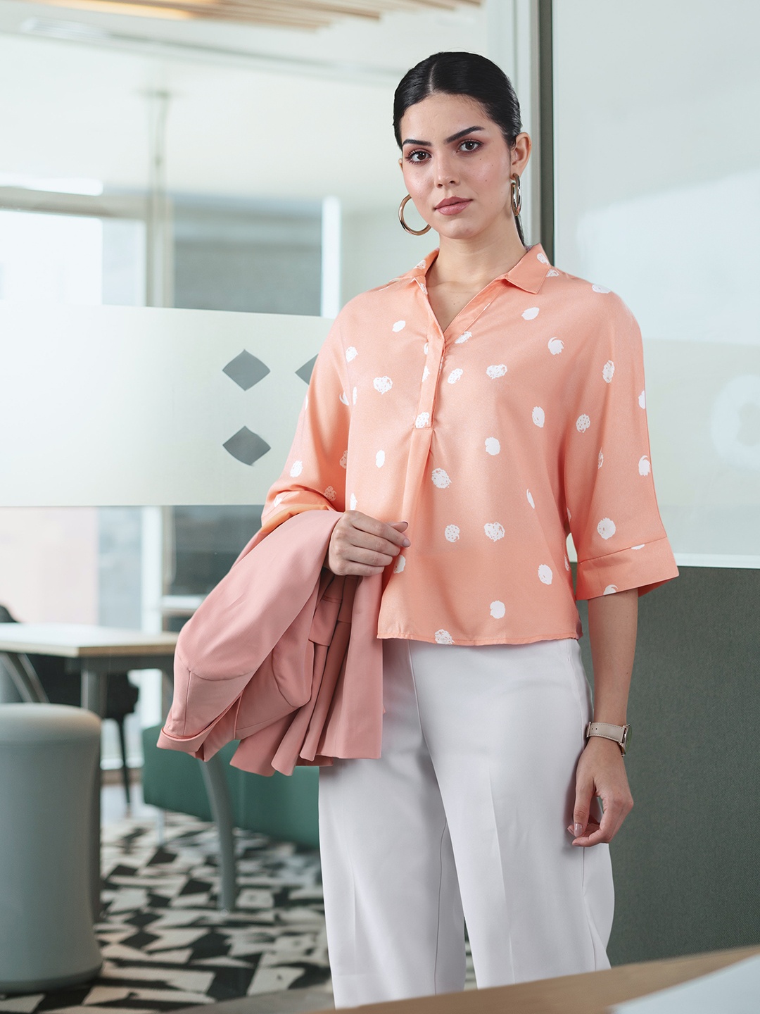 

her by invictus Women Peach-Coloured & Off-White Printed Shirt Style Top