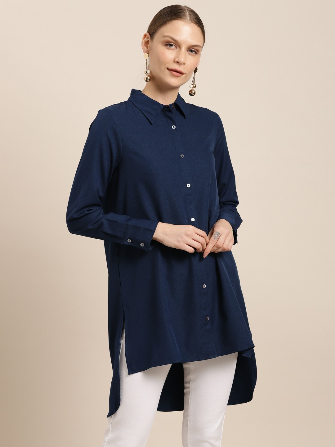 

her by invictus Women Navy Boxy Solid Longline High-Low Casual Shirt, Navy blue