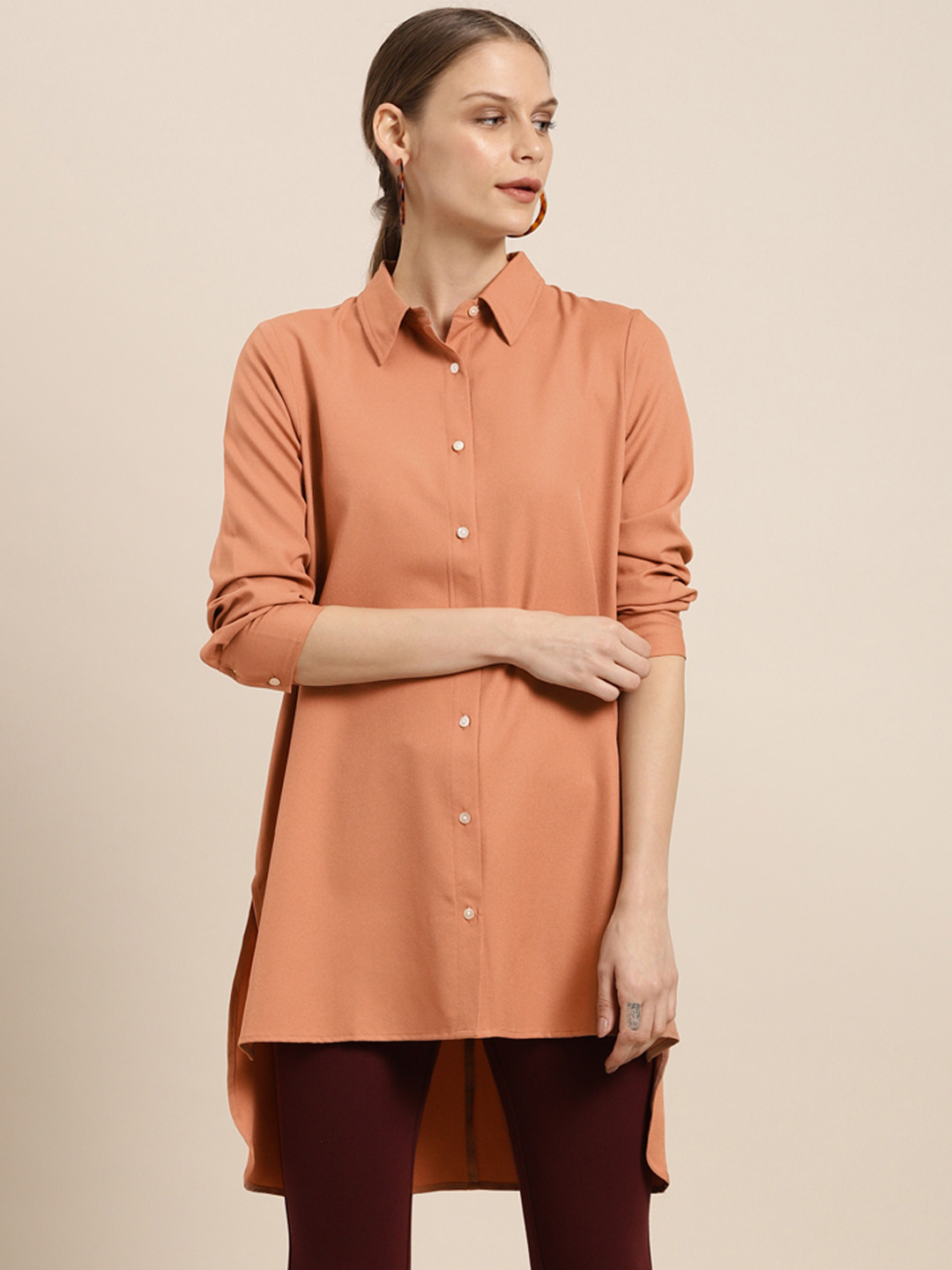 

her by invictus Women Brown Boxy Solid Longline High-Low Casual Shirt