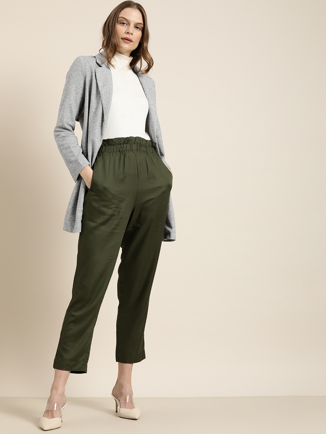 

her by invictus Women Grey Regular Fit Solid Open Front Casual Blazer