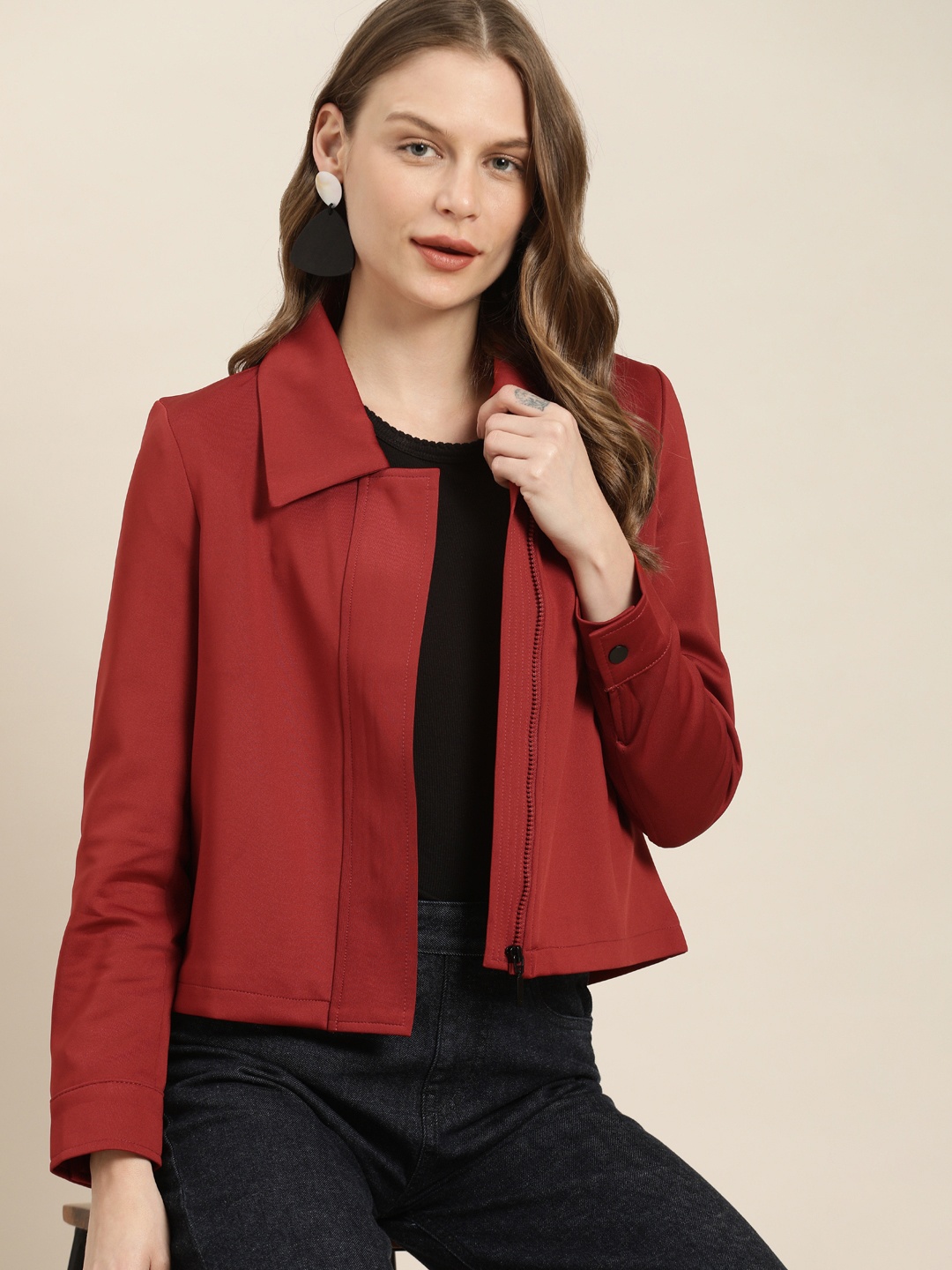 

her by invictus Women Rust Red Solid Tailored Jacket