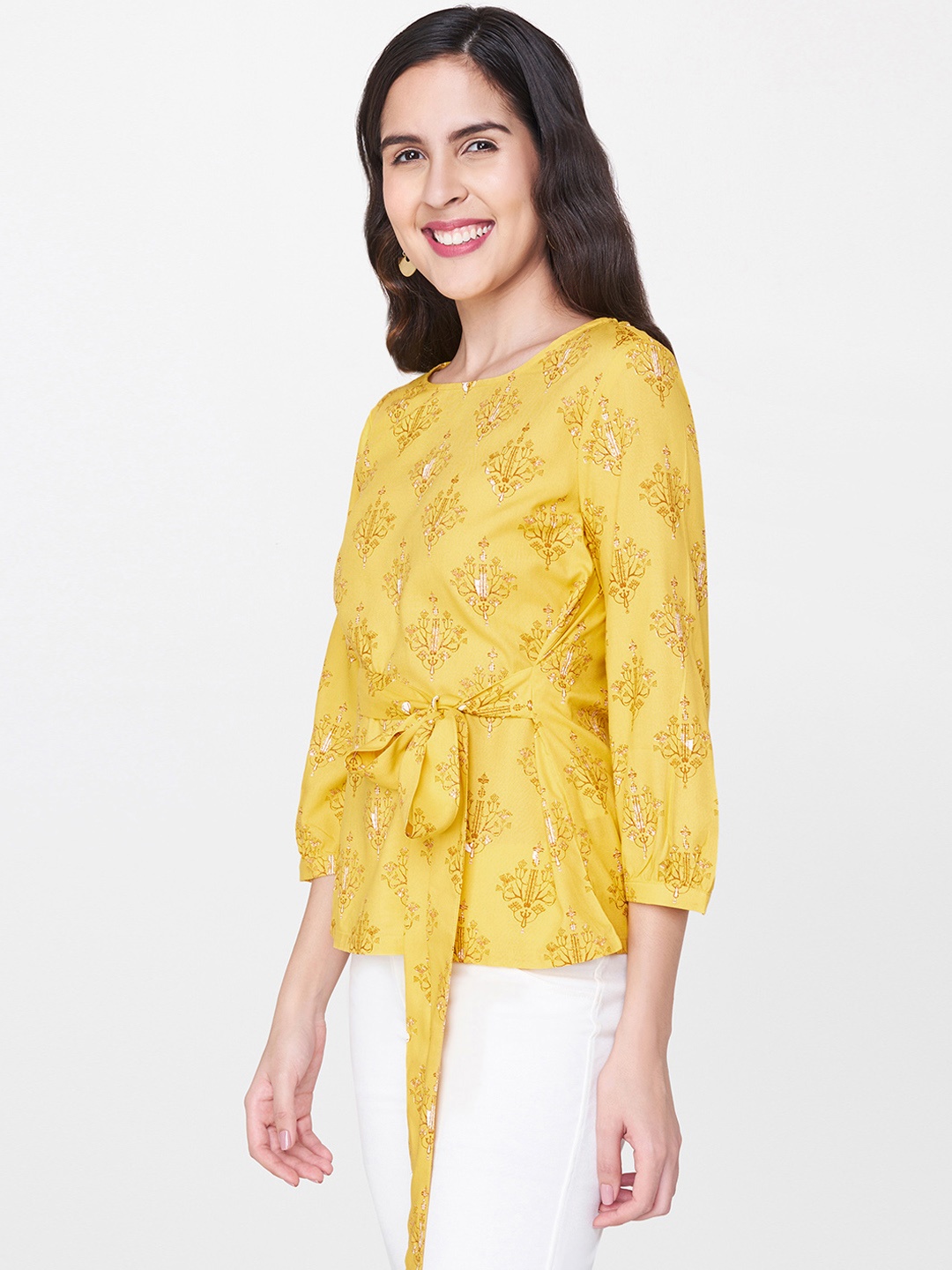 

Global Desi Women Yellow Printed Top