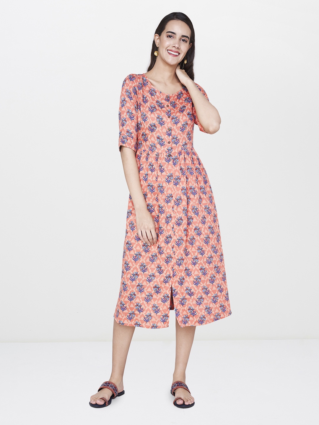 

Global Desi Women Peach-Coloured & Blue Printed A-Line Dress