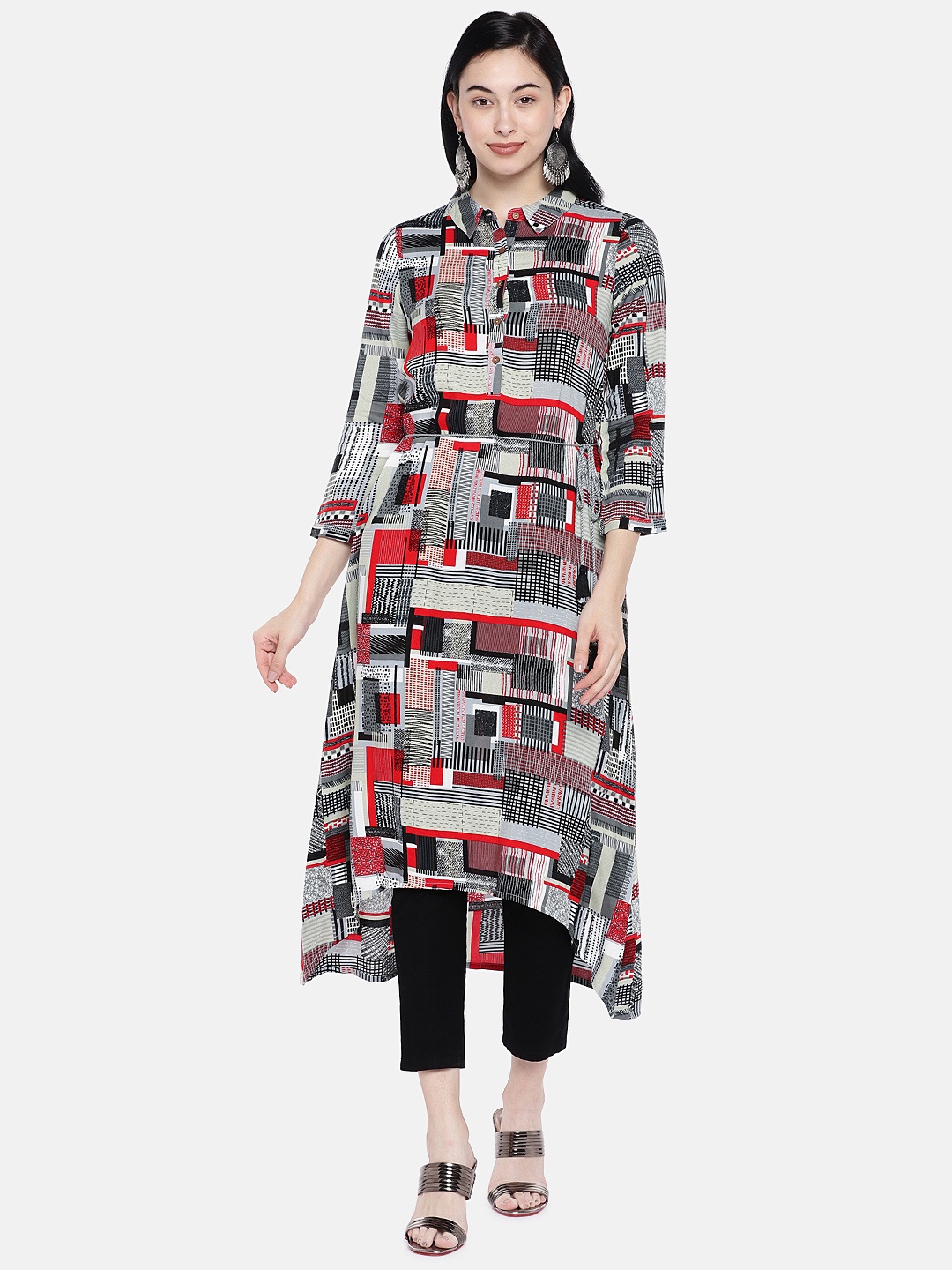 

Global Desi Women Grey & Red Printed A-Line Kurta