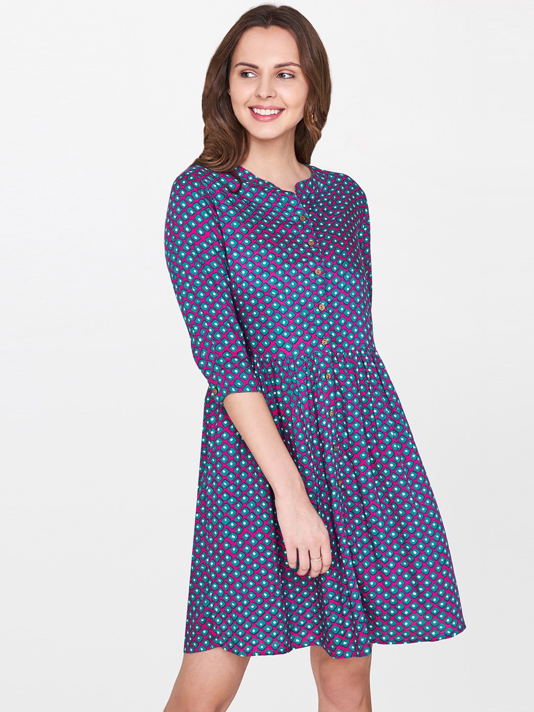 

Global Desi Women Pink & Green Printed Fit and Flare Dress