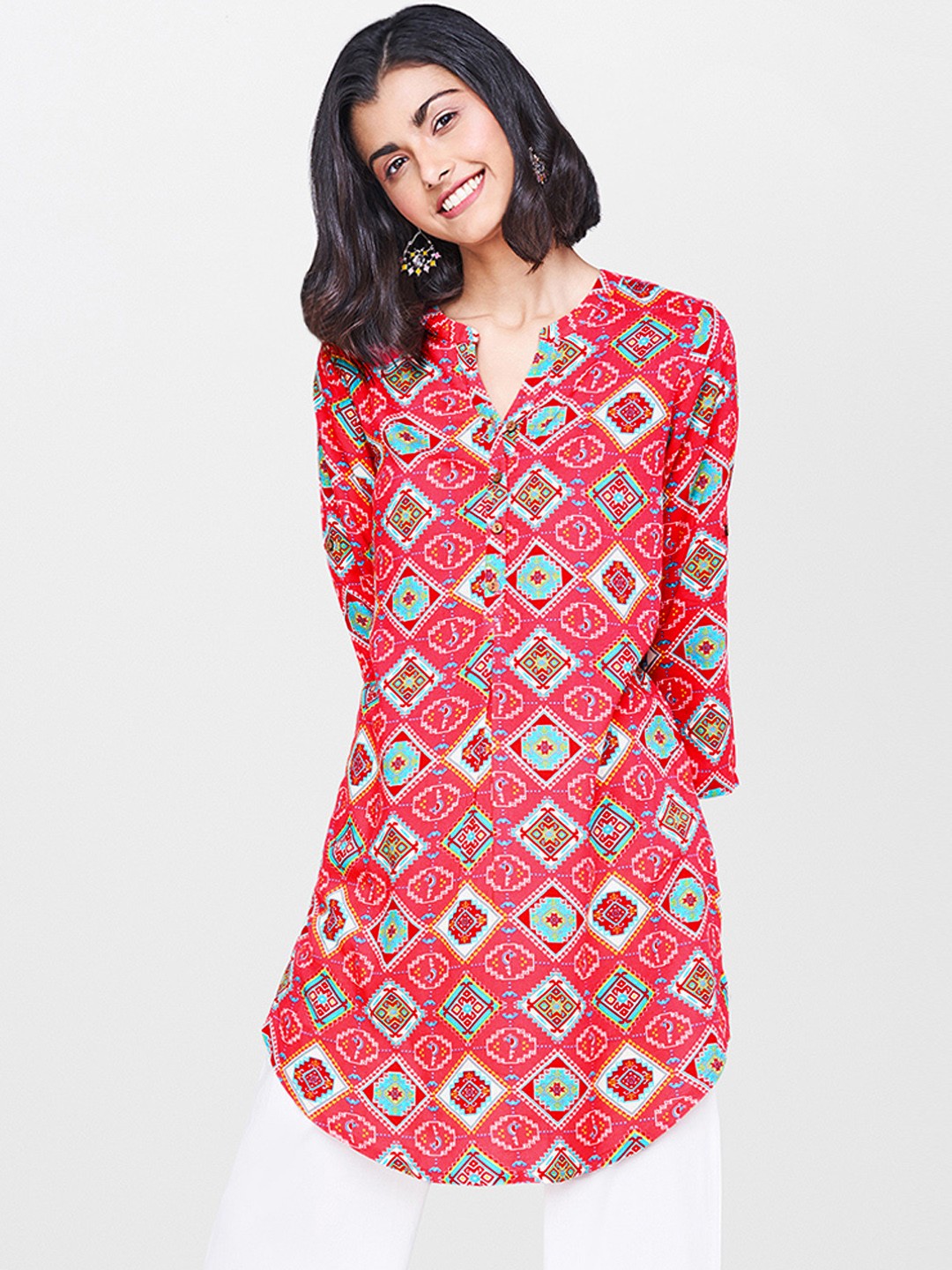 

Global Desi Pink & Sea Green Printed Tunic