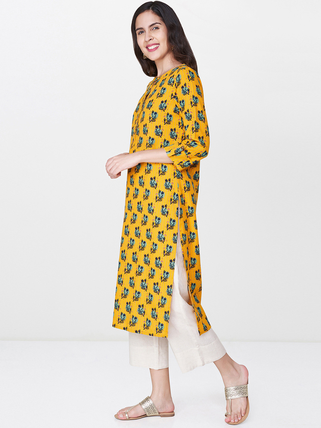 

Global Desi Women Mustard Yellow & Blue Printed Straight Kurta