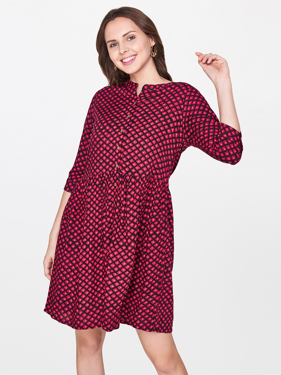 

Global Desi Women Maroon & Black Printed Fit and Flare Dress
