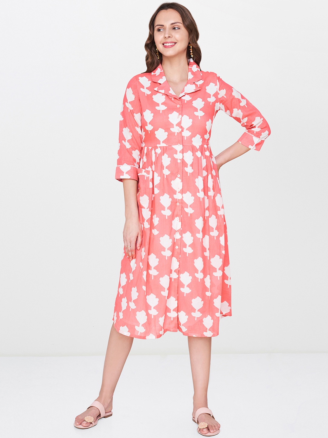 

Global Desi Women Peach-Coloured & White Printed Midi Shirt Dress