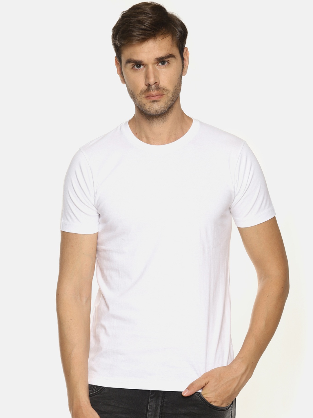 

OBOW Men White Solid Round Neck Pure Cotton T-shirt