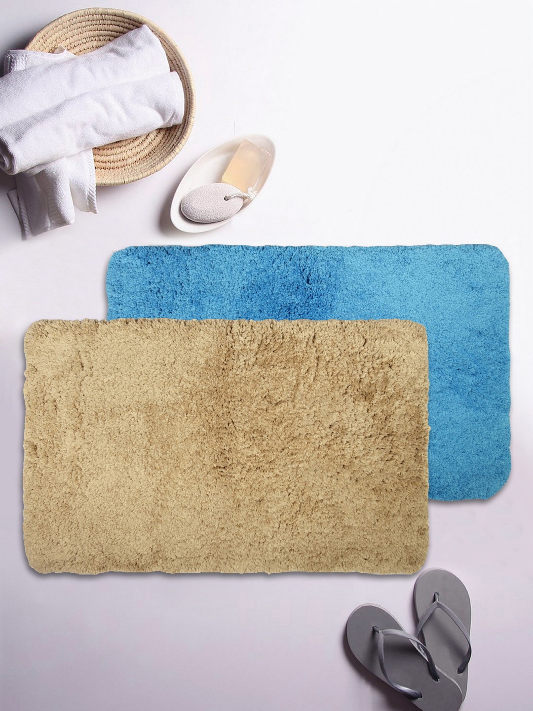 

BIANCA Set of 2 Khaki-Coloured & Blue Microfibre Anti-Skid Bath Rugs