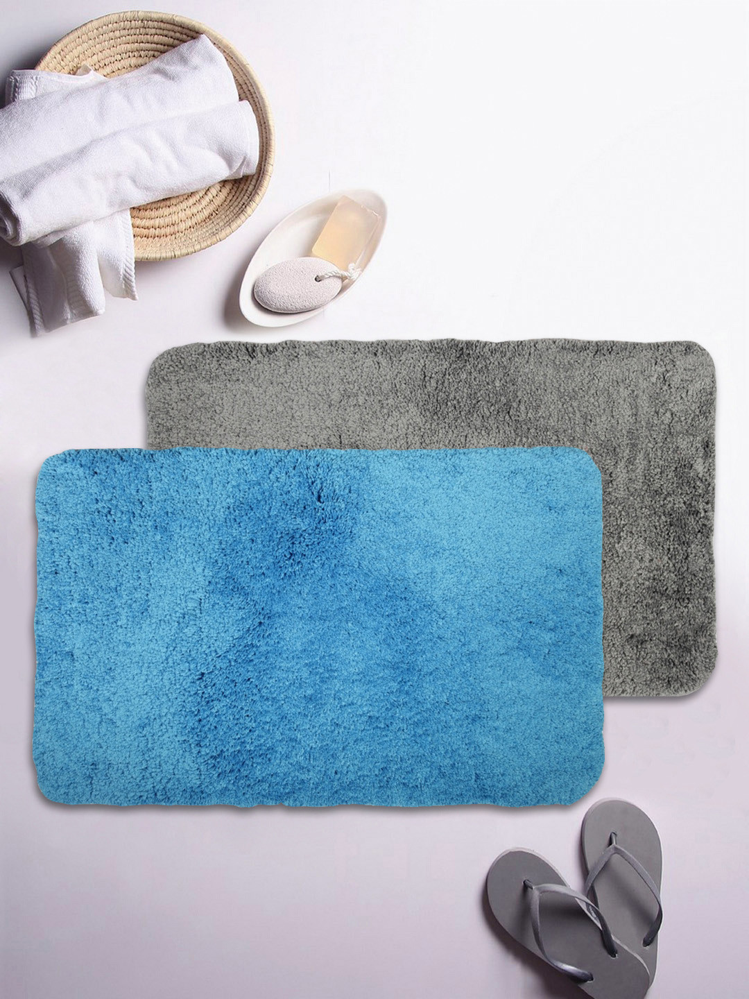 

BIANCA Set of 2 Blue & Grey Microfibre Anti-Skid Bath Rugs