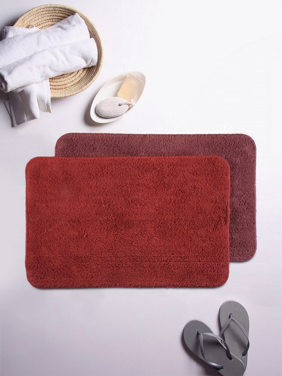 

BIANCA Set of 2 Red & Maroon Cotton Anti-Skid Bath Rugs
