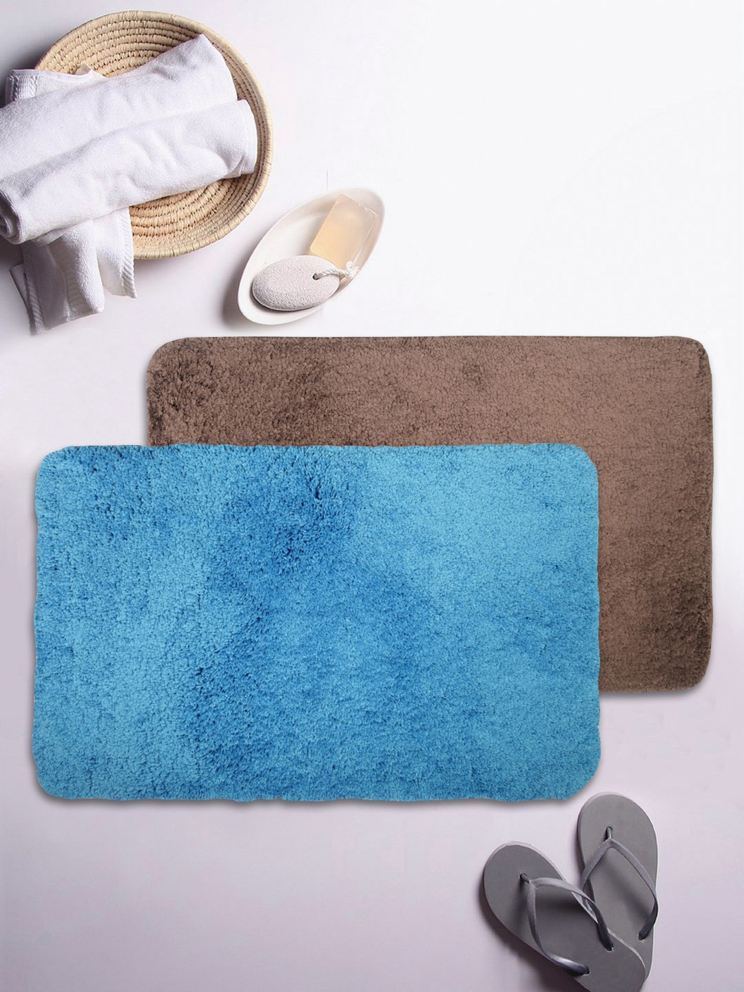 

BIANCA Set of 2 Blue & Brown Microfibre Anti-Skid Bath Rugs