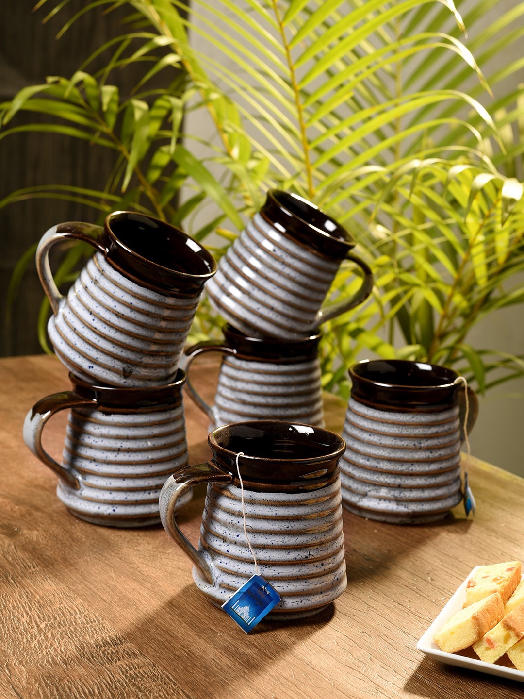 

Unravel India Set of 6 Off-White & Brown Ceramic Coffee Mugs