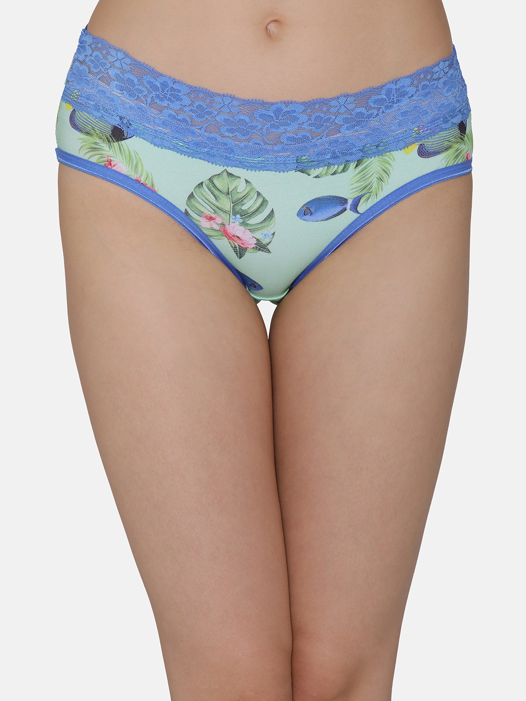 

Clovia Women Blue & Green Printed Mid Rise Lace Hipster Briefs PN3195P11XL