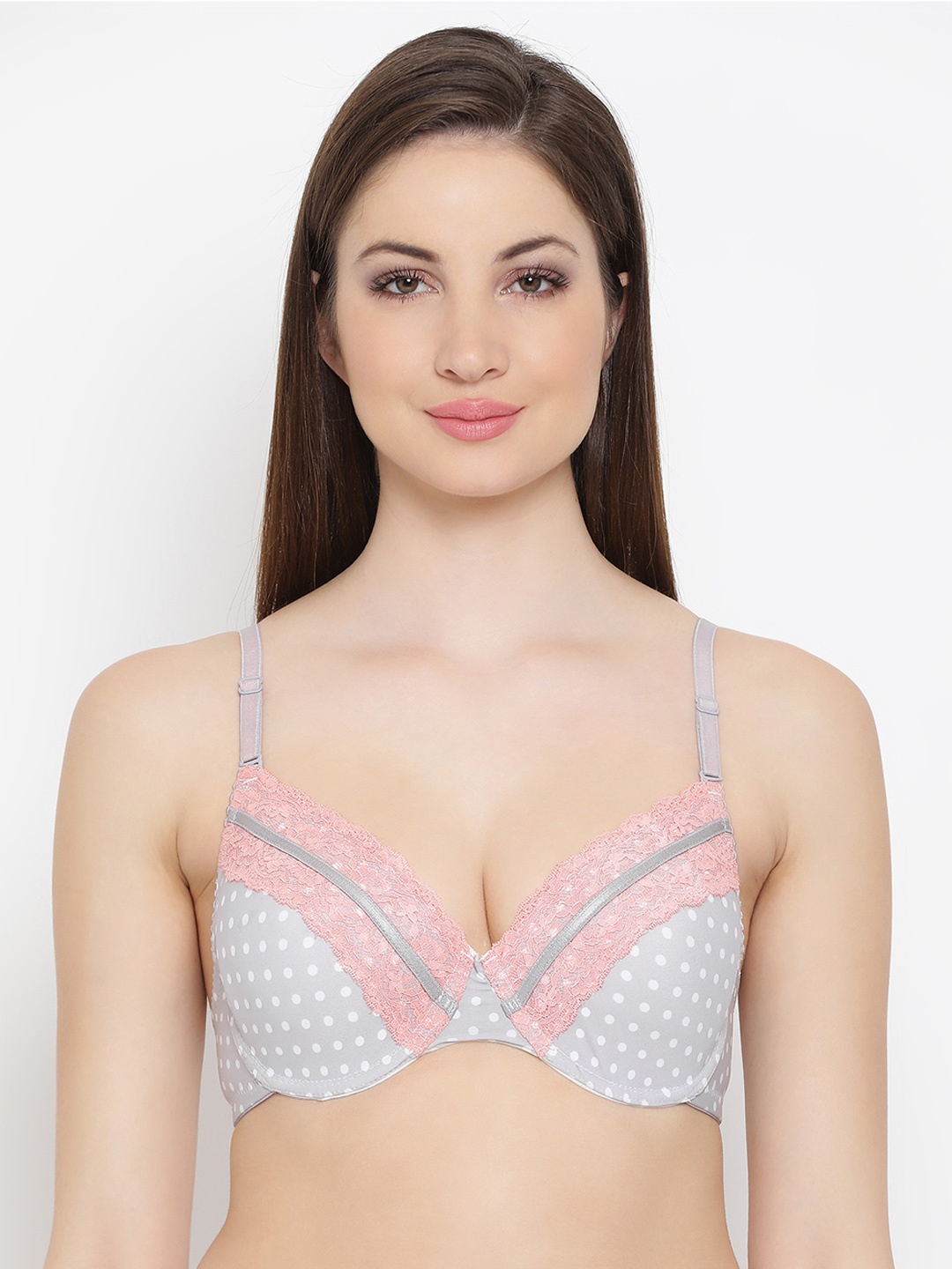 

Clovia Padded Underwired Polka Print T-Shirt Bra With Lace, Grey
