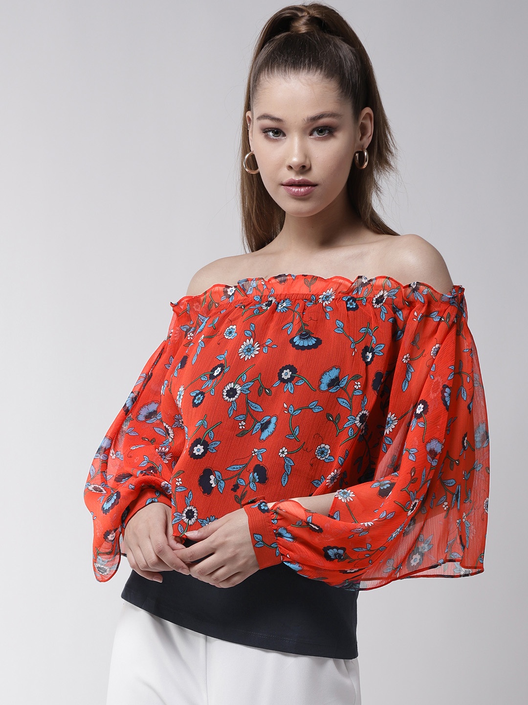 

Madame Women Orange & Blue Printed Layered Bardot Top