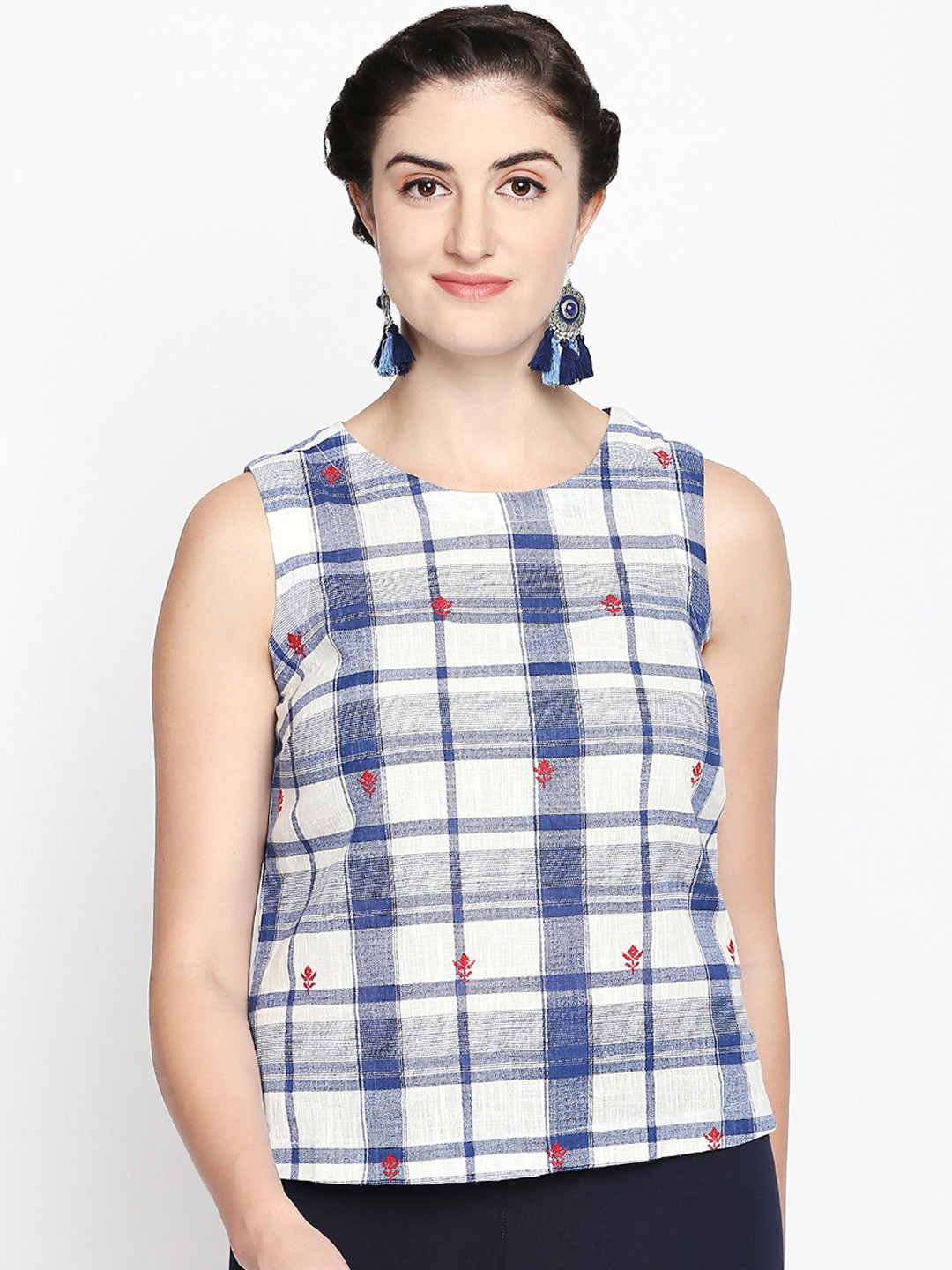 

AKKRITI BY PANTALOONS Women Off-White Embellished Pure Cotton Top
