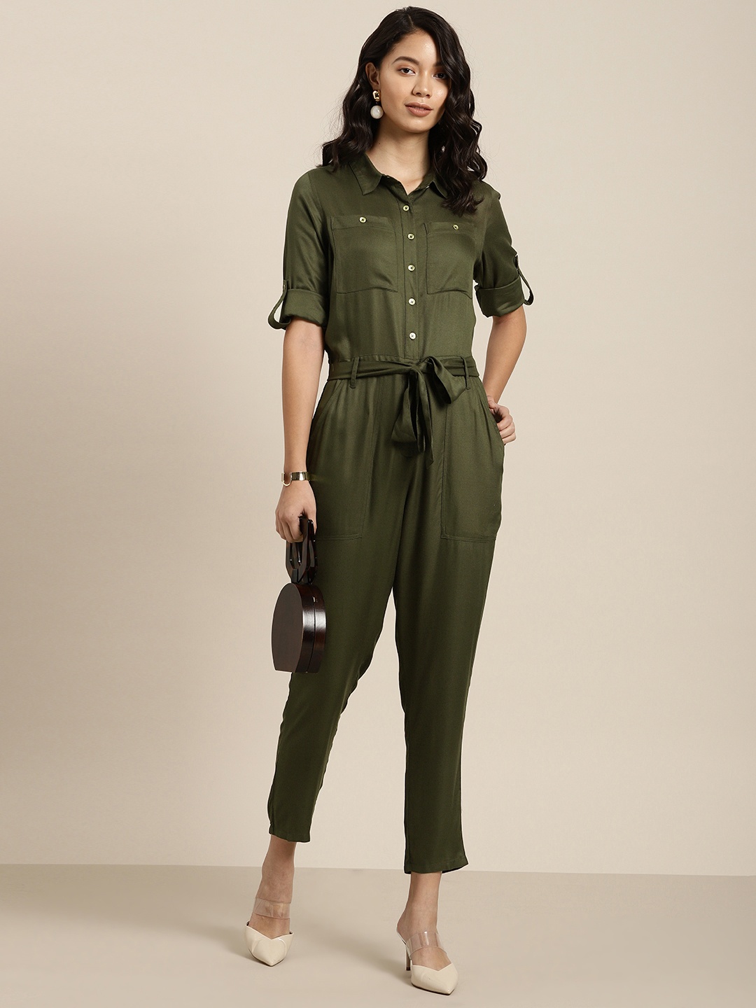 

her by invictus Women Solid Basic Jumpsuit, Olive