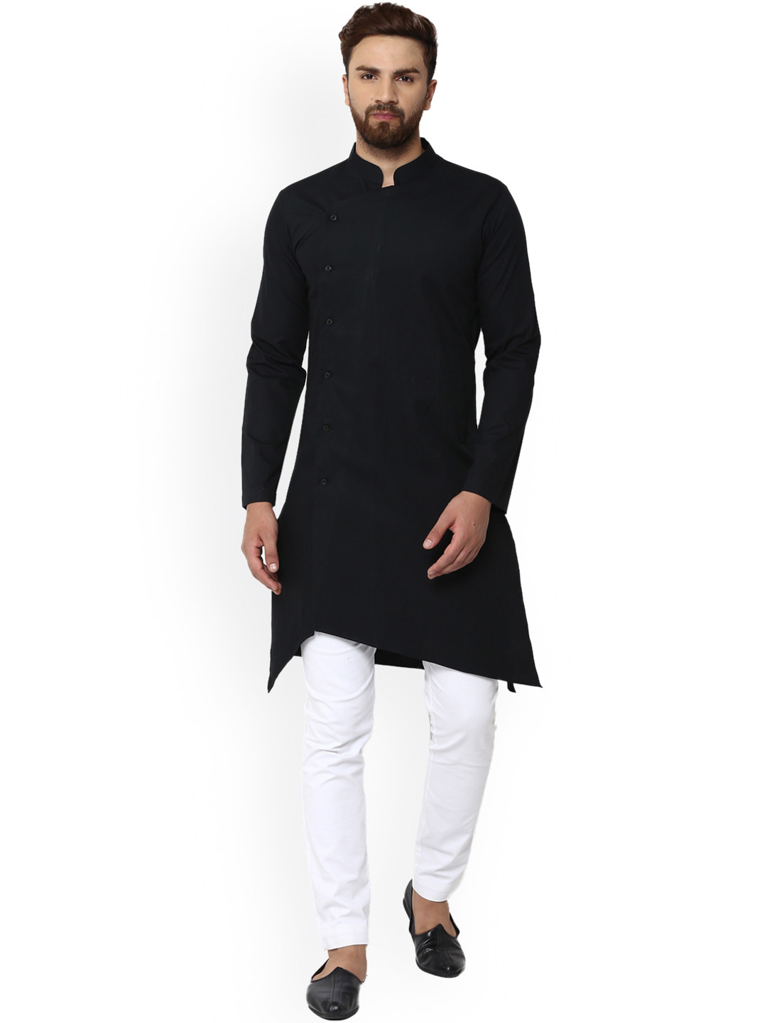 

See Designs Men Black Solid Asymmetric Hemline Straight Kurta