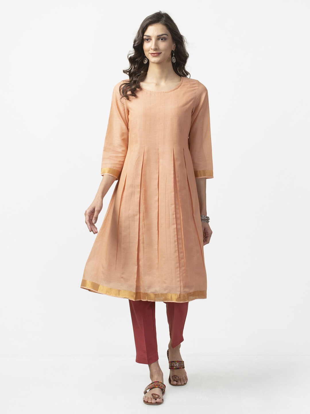 

Fabindia Women Peach-Coloured Solid Slim Fit A-Line Kurta