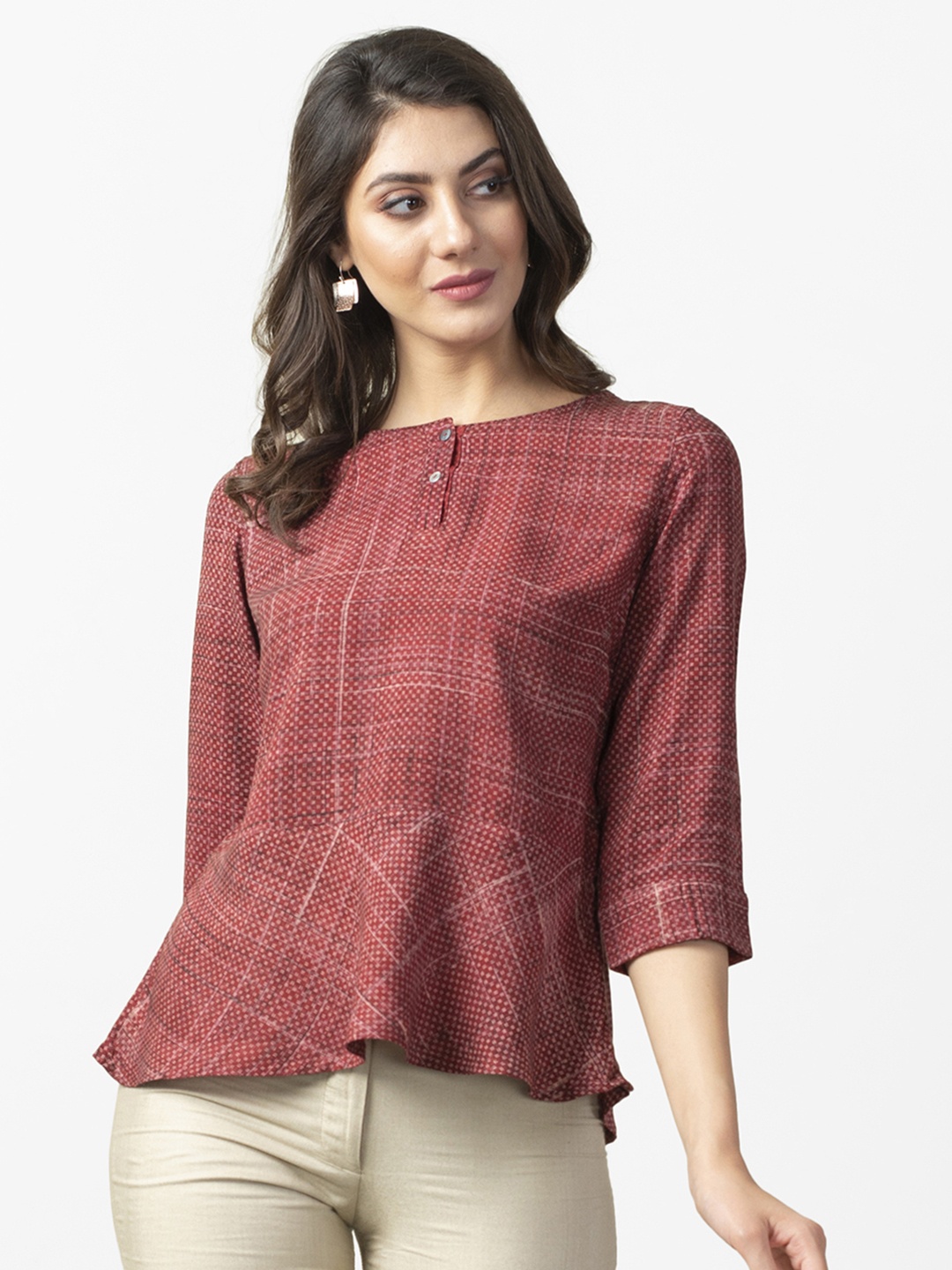 

Fabindia Women Maroon Printed A-Line Top