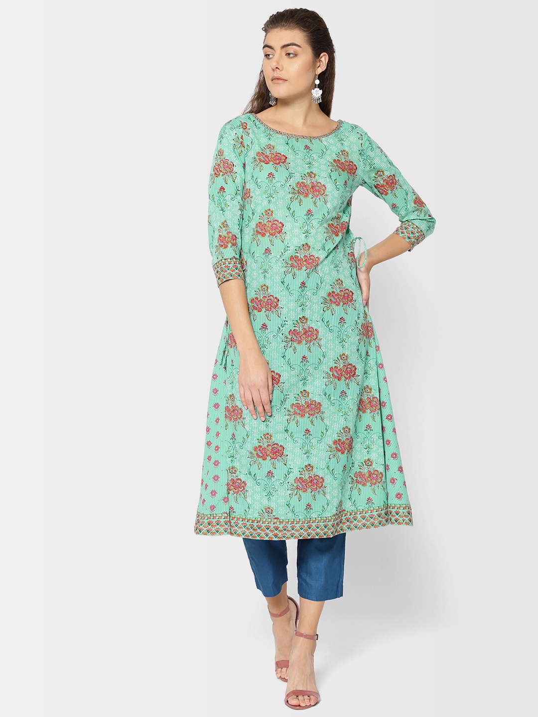 

Fabindia Women Sea Green & Pink Handblock Print Slim-Fit A-Line Kurta